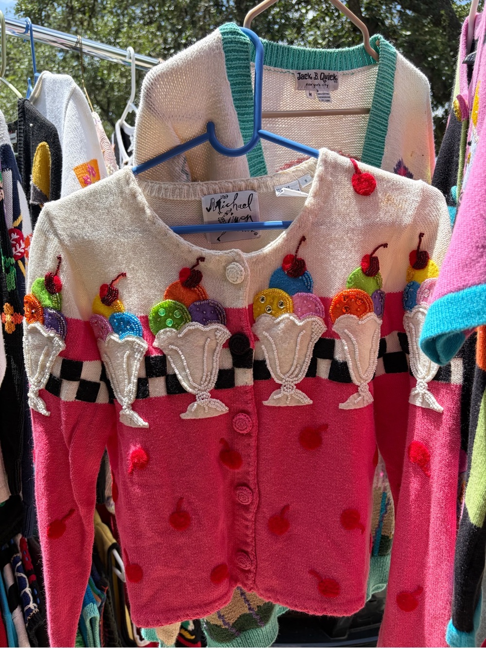 Vintage Michael Simon Hot Pink Ice Cream Appliqué Cardigan